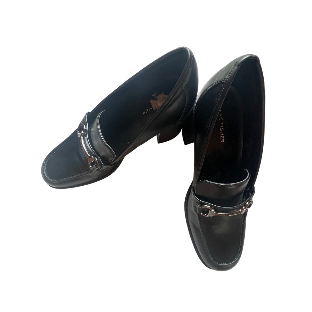 Marc Fisher Black Leather Horsebit Loafer Heels Womens 10M Block Chunky